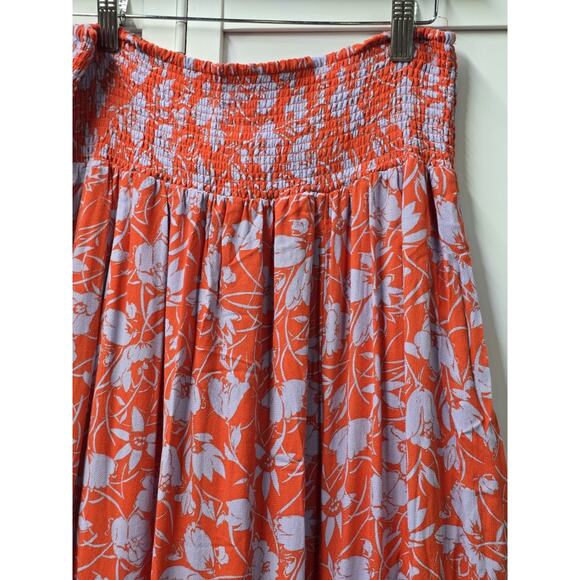 Free People Way of the Wind Printed Midi Skirt Orange Blue Floral Smocked Waist - Picture 6 of 9